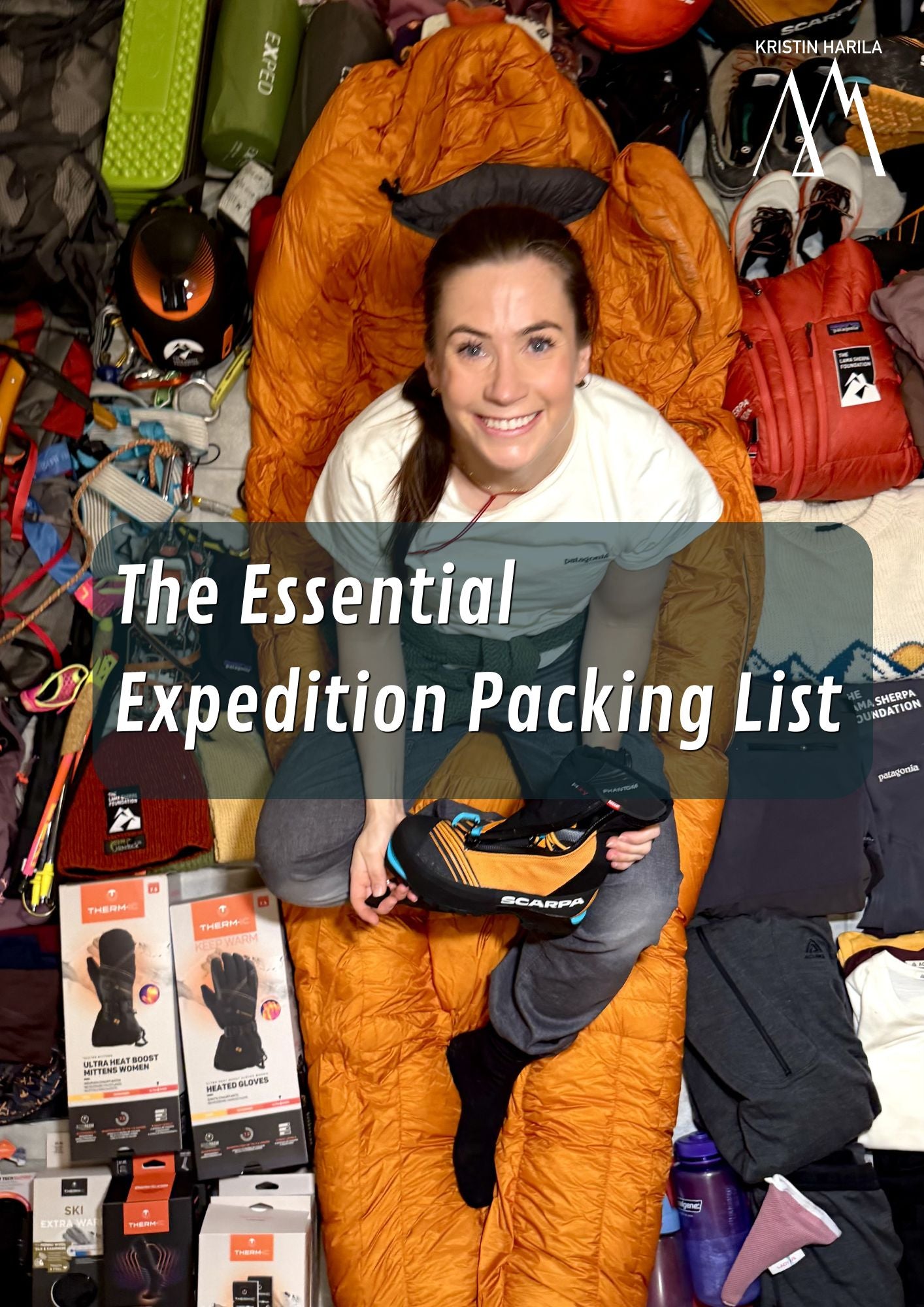 Kristin Harila sitting amongst gear, text: "The essential expedition packing list"